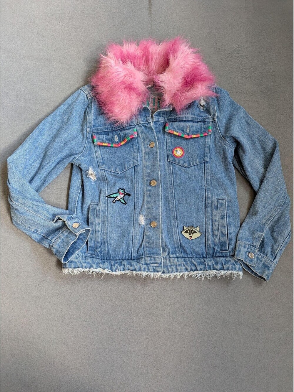 Disney Jacket Girls 11-12 Blue Denim Pocahontas Faux Fur Collar Distressed Hem